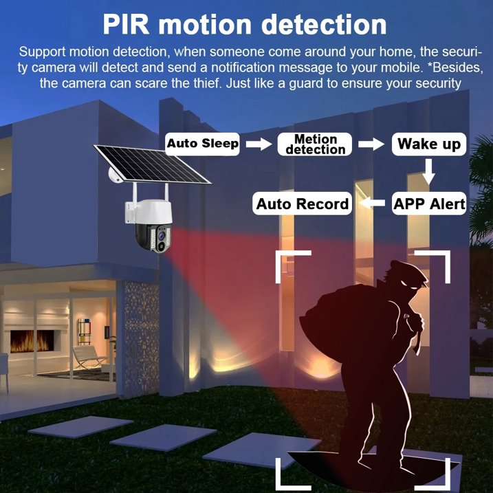 Talkcomm 4G 4mp Solar Battery Powered SIM Card Supported Wireless CCTV Security Camera, IP65 Waterproof, Two-Way Audio, PIR Motion Detection, Pan Tilt.