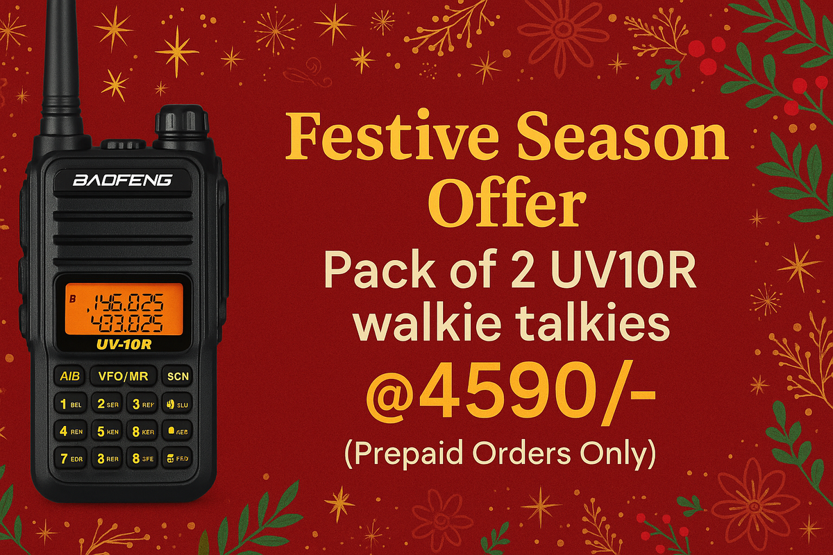 Create a image banner with Baofeng UV10R walkie talkie on one side and Write Festive Season Offer Pack of 2 UV10R walkie talkies @4590/- (Prepaid Orders Only) on the other side