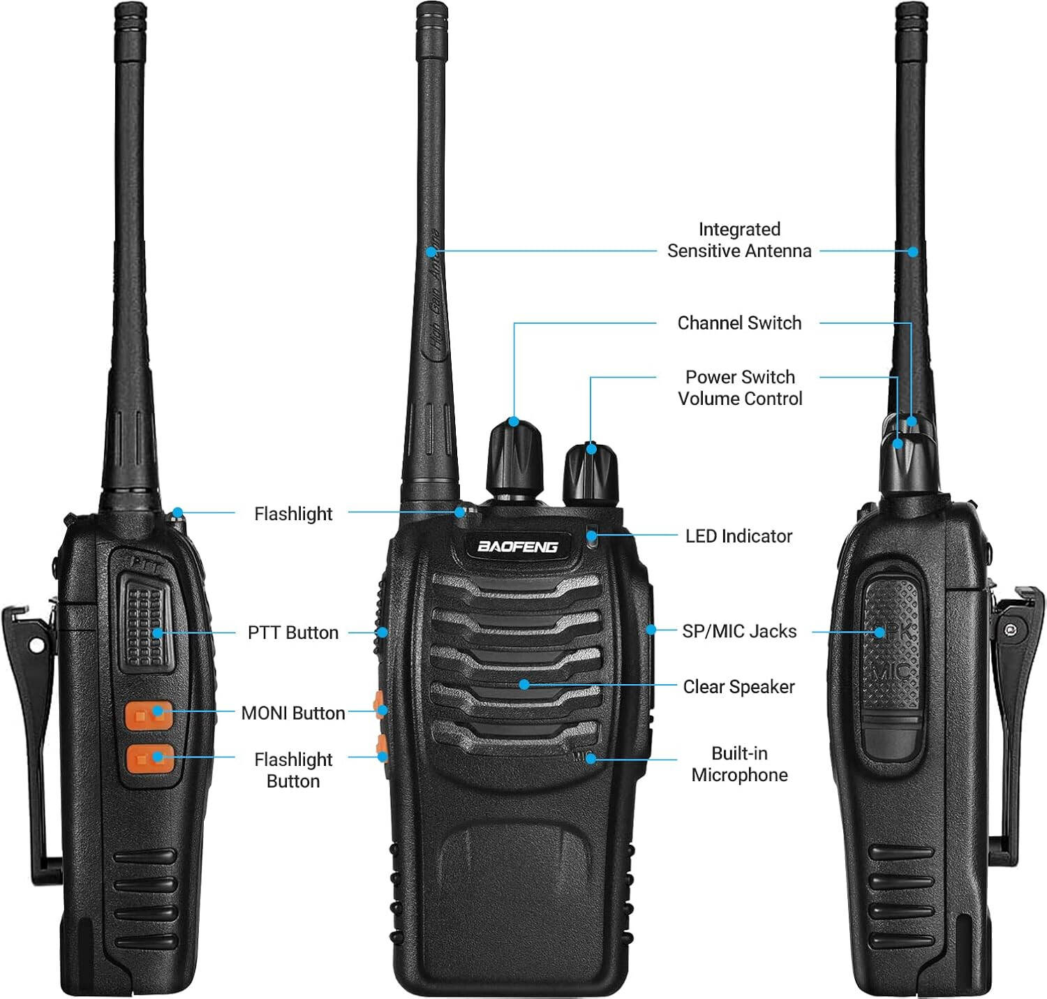 Talkcomm Black BF-888S Walkie Talkie two way Radios with Earphones, 16 Channel  (Pack of 10)