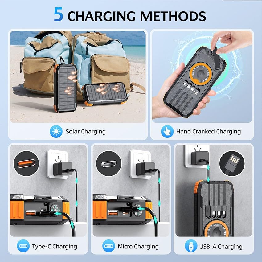 TALKCOMM 40000mAh Solar Power Bank with Wireless Charging | USB-C Fast Input/Output | Portable External Battery Pack with Hand-Crank Self Charging & Dual Flashlight for Camping & Travel