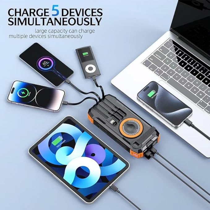 TALKCOMM 40000mAh Solar Power Bank with Wireless Charging | USB-C Fast Input/Output | Portable External Battery Pack with Hand-Crank Self Charging & Dual Flashlight for Camping & Travel