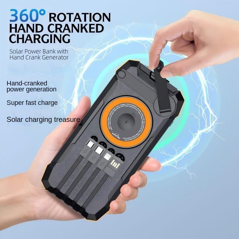 TALKCOMM 40000mAh Solar Power Bank with Wireless Charging | USB-C Fast Input/Output | Portable External Battery Pack with Hand-Crank Self Charging & Dual Flashlight for Camping & Travel