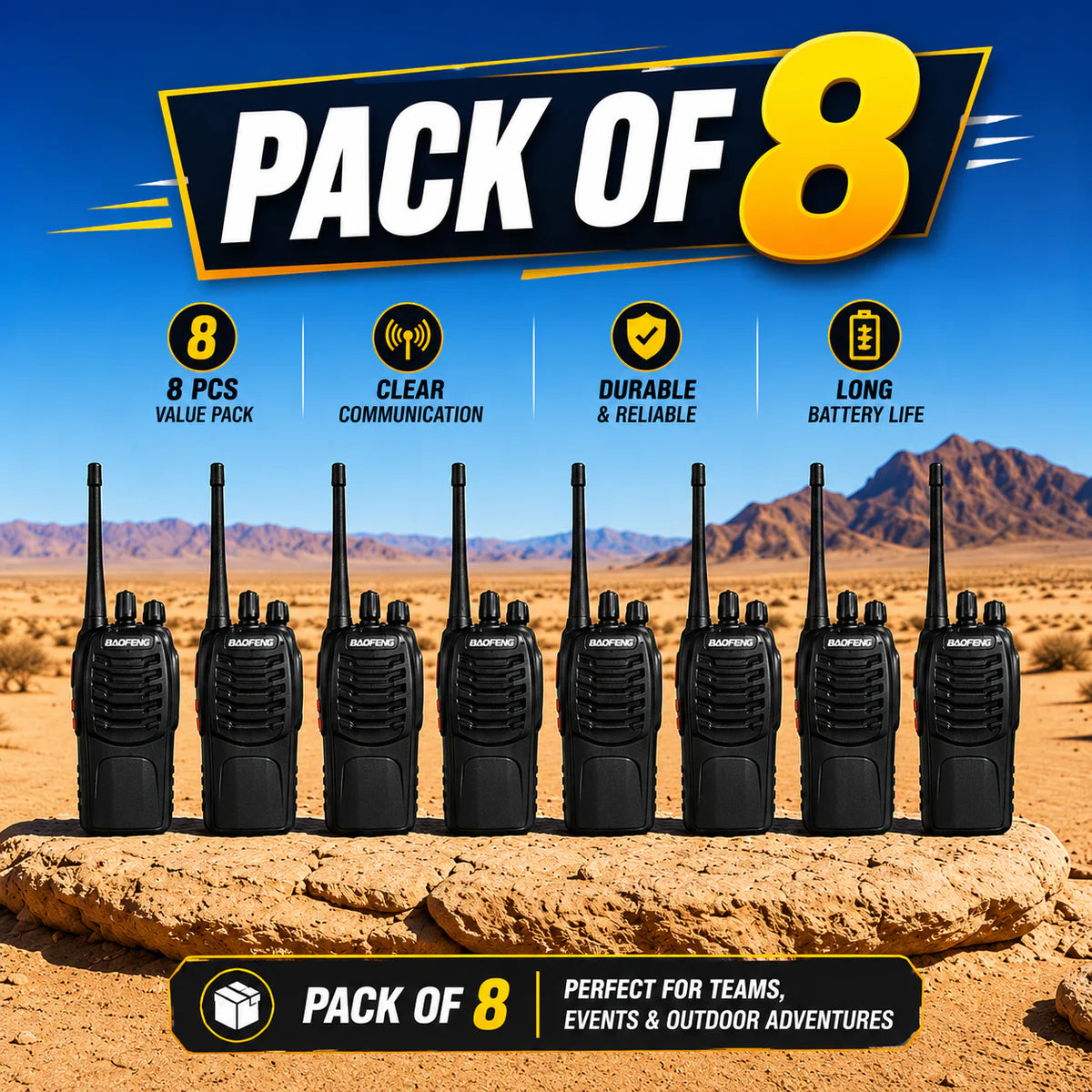 Talkcomm Black BF-888S Walkie Talkie two way Radios with Earphones, 16 Channel  (Pack of 8)