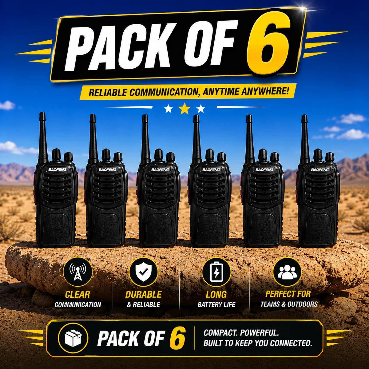 Talkcomm Black BF-888S mah Walkie Talkie two way Radios with Earphones, 16 Channel  (Pack of 6)