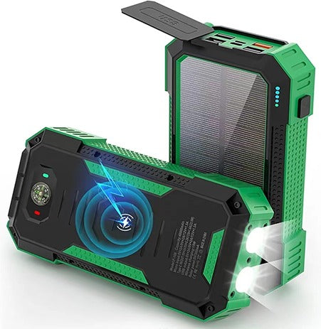 TALKCOMM 40000mAh Solar Power Bank with Wireless Charging | USB-C Fast Input/Output | Portable External Battery Pack with Hand-Crank Self Charging & Dual Flashlight for Camping & Travel