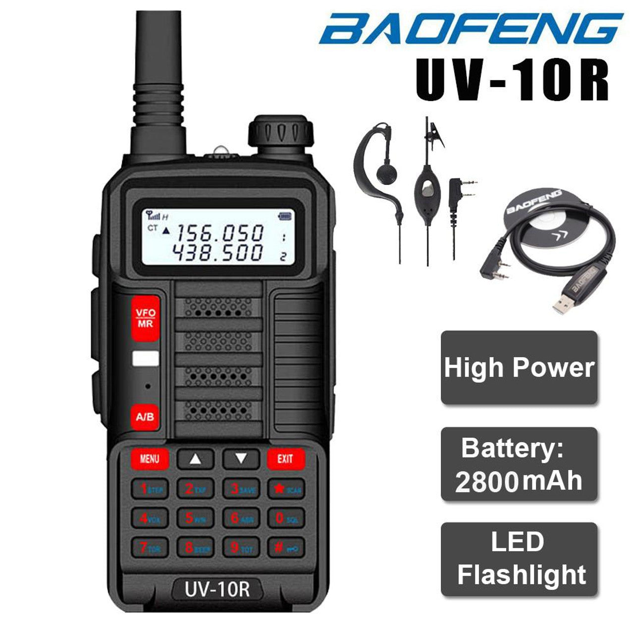 Talkcomm Black UV-10R High Power Walkie Talkies VHF UHF Long Range Ham Radio Two Way Radio with Earpiece (Pack of 1)