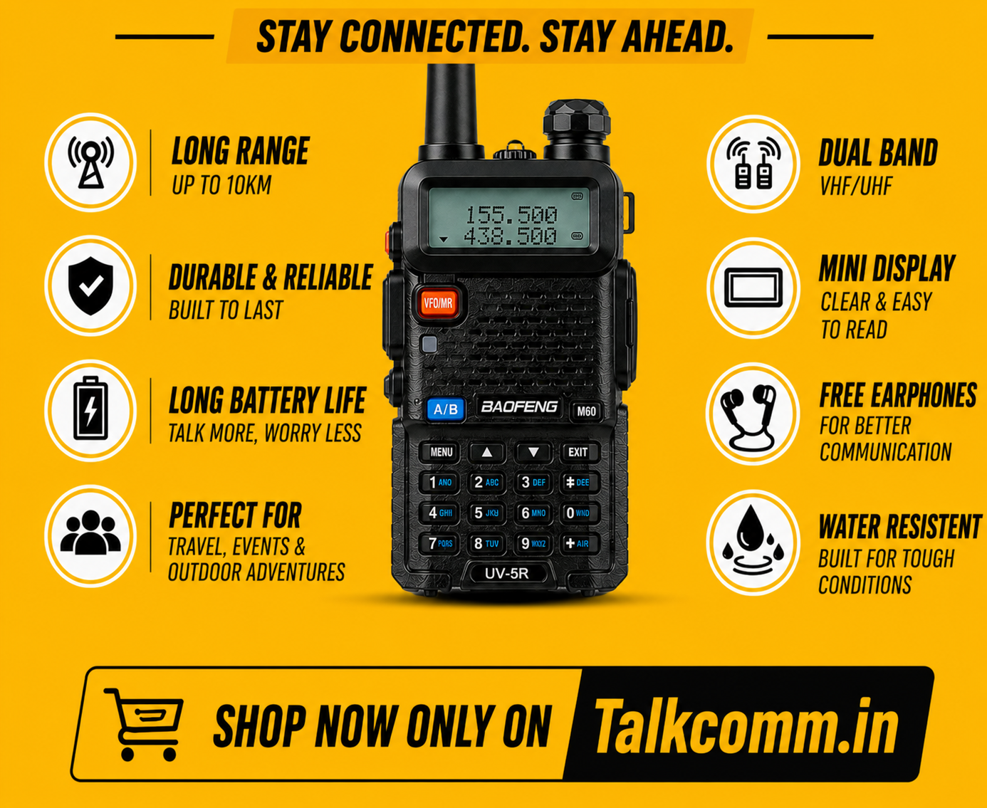 Talkcomm Black UV5R Two Ways Radio 5 Km Range Walkie Talkie with Earphone