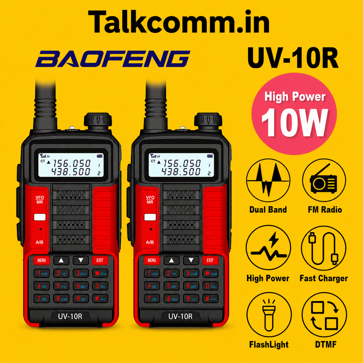 TALKCOMM Baofeng UV-10R High Power Dual Band Handheld Walkie Talkie