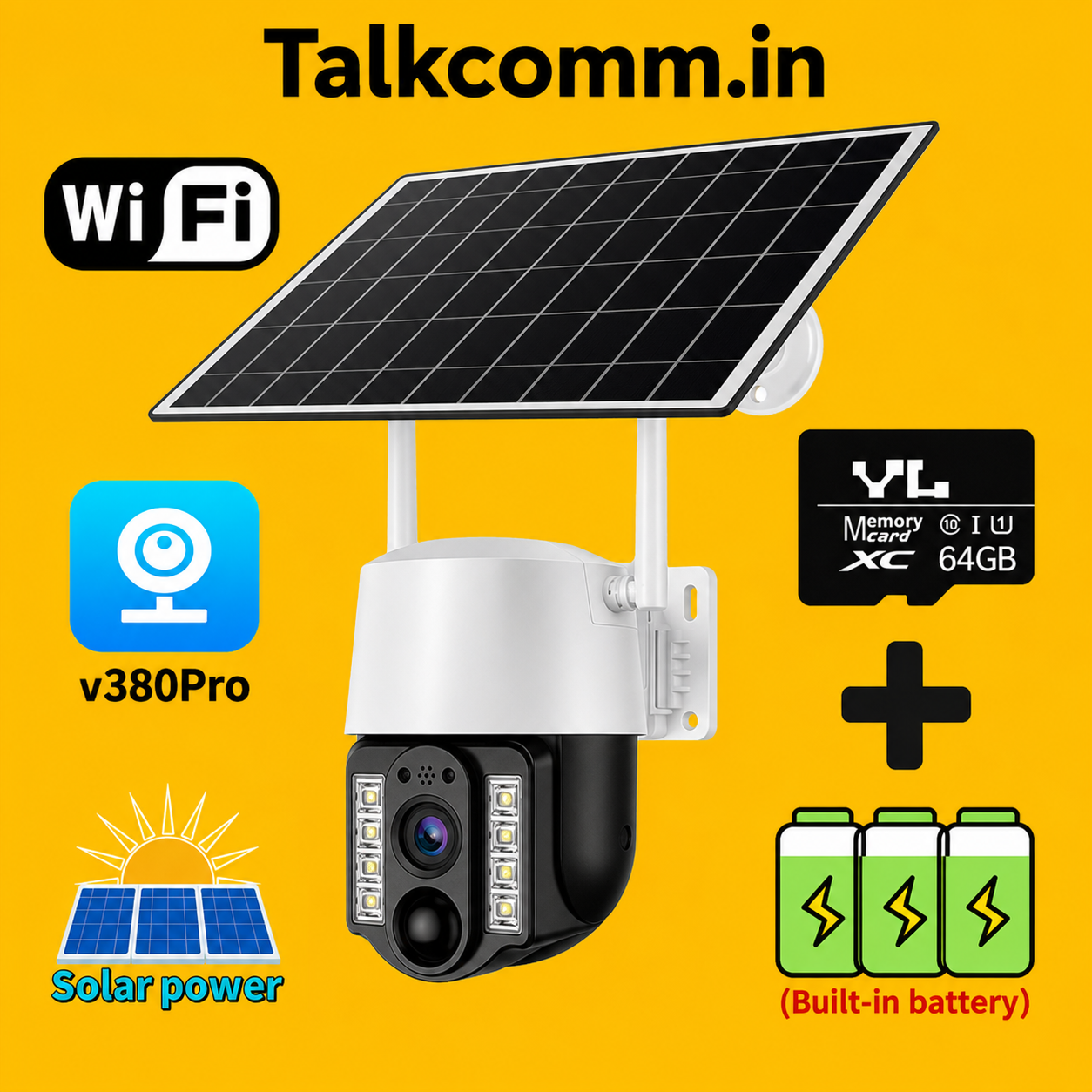 Talkcomm 4G 4mp Solar Battery Powered SIM Card Supported Wireless CCTV Security Camera, IP65 Waterproof, Two-Way Audio, PIR Motion Detection, Pan Tilt.