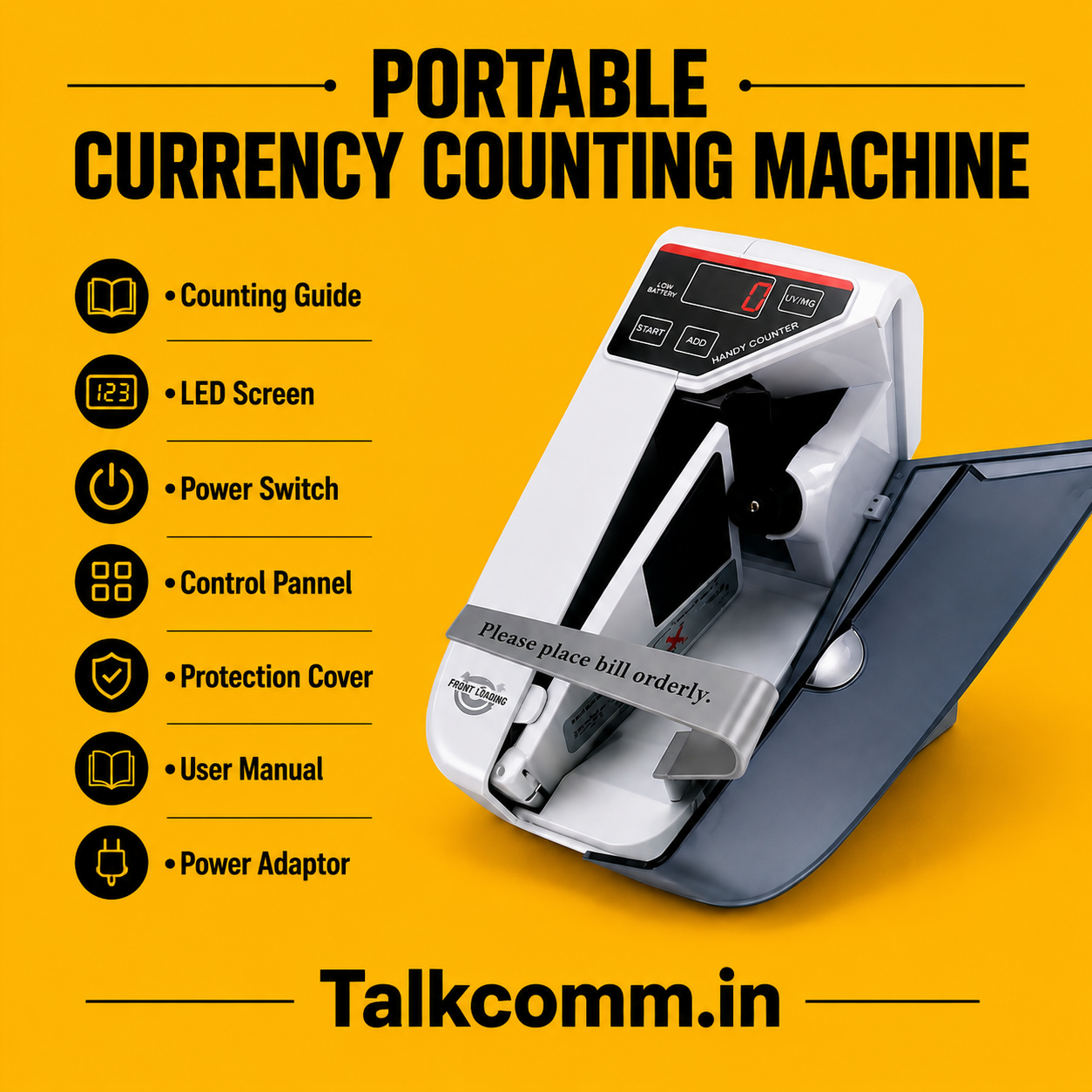 Talkcomm Portable LED Display Mini Note Counting Machine for Home, Office, Business | Indian Currency/Cash Counting Machine | UV/WM Function |Auto-shutoff